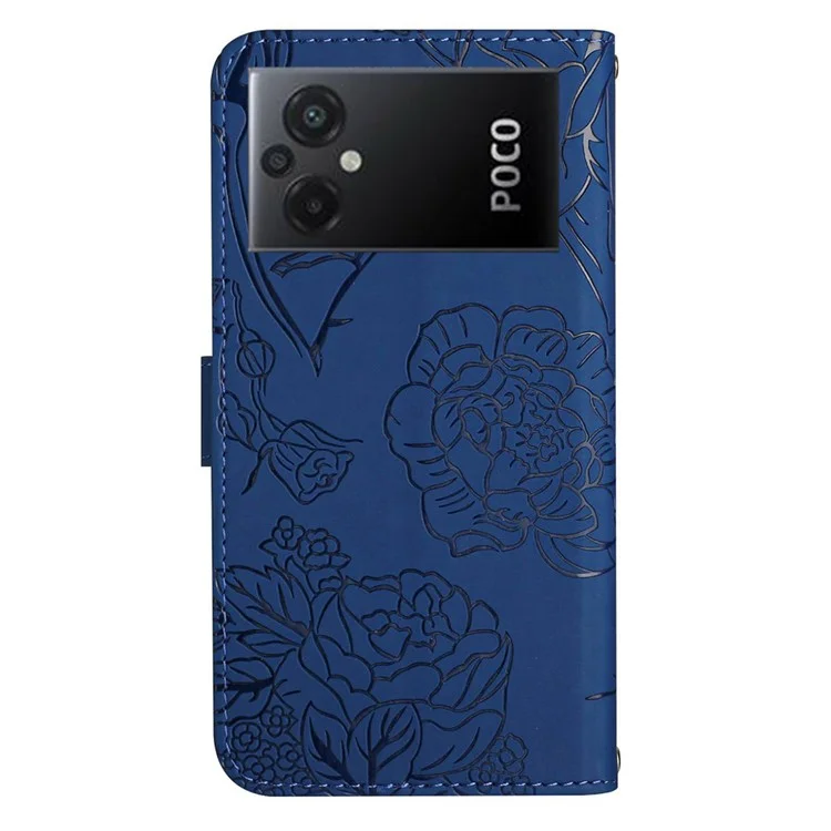 Per Xiaomi Poco M5 4G Fiori di Farfalla Copertura Telefonica Impronta PU Pulla Pulla Percolo Custura Custole Con Occio - Blu