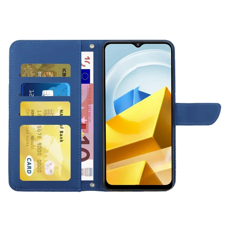 Per Xiaomi Poco M5 4G Fiori di Farfalla Copertura Telefonica Impronta PU Pulla Pulla Percolo Custura Custole Con Occio - Blu