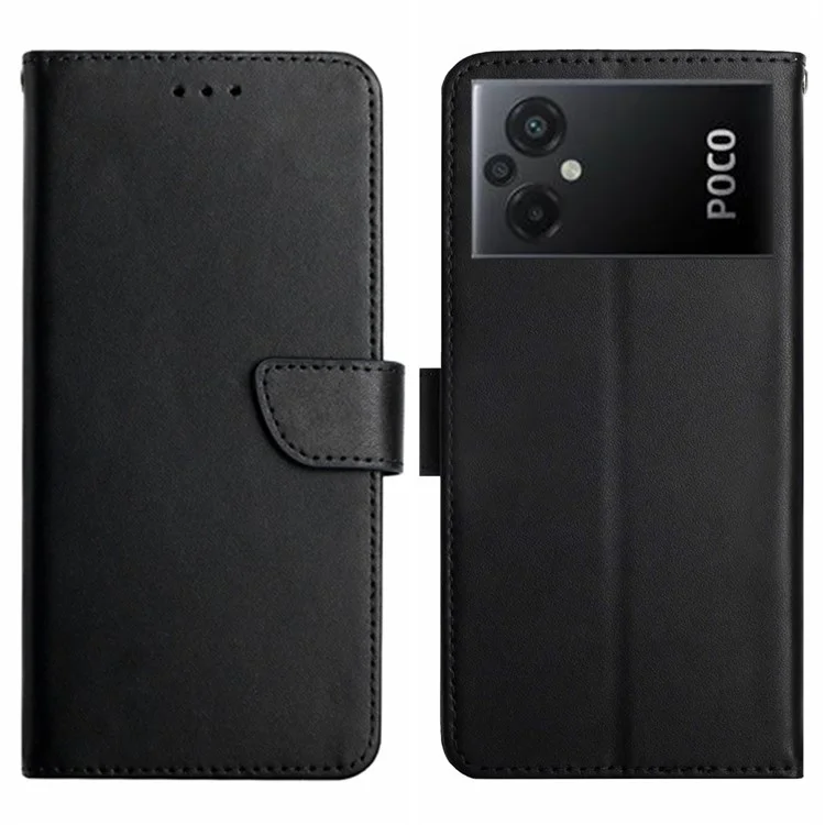 HT02 Per Xiaomi Poco M5 4G Solido Nappa Texture Texture Genuine Case di Protezione Portafoglio Copertina Telefonica - Nero