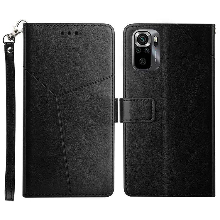HT01 Pour Xiaomi Poco M5s 4G Lignes en Forme de y Imprimées Portefeuille Couverce de Souple Magnétique PU Cuir de Téléphone - le Noir