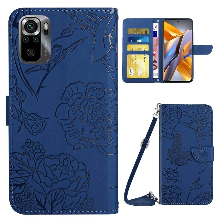 Pour Xiaomi Poco M5s 4G PU Cuir Butterfly Fleurs Étui à Tampons de Téléphone à Tampon de Couverture Portefeuille Avec Bandoulière Avec Bandoulière - Bleu