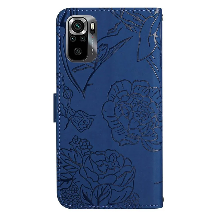 Pour Xiaomi Poco M5s 4G PU Cuir Butterfly Fleurs Étui à Tampons de Téléphone à Tampon de Couverture Portefeuille Avec Bandoulière Avec Bandoulière - Bleu