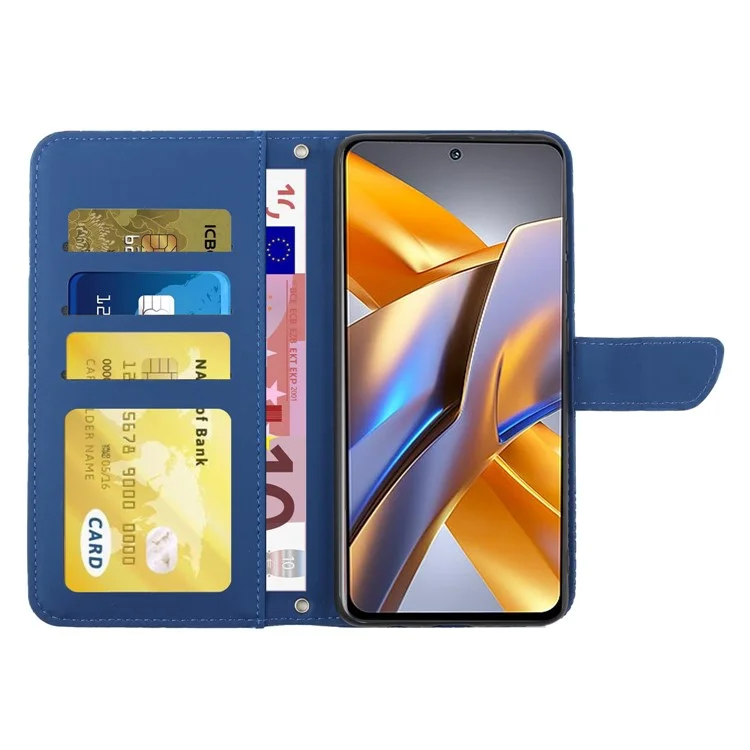 Pour Xiaomi Poco M5s 4G PU Cuir Butterfly Fleurs Étui à Tampons de Téléphone à Tampon de Couverture Portefeuille Avec Bandoulière Avec Bandoulière - Bleu