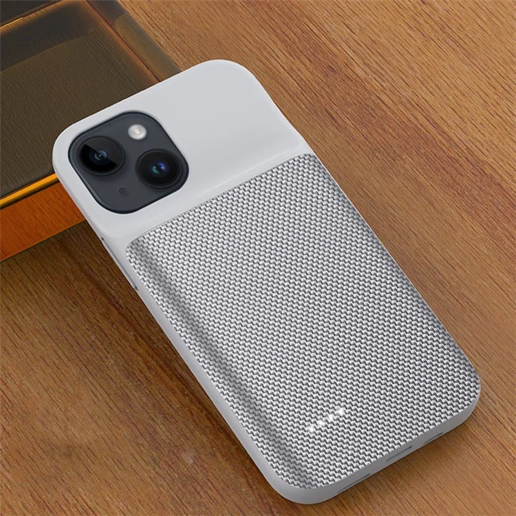 For iPhone 14 Plus Oxford Cloth Surface 6800mAh Rechargeable Extended Battery Mobile Phone Charger Back Case - Silver