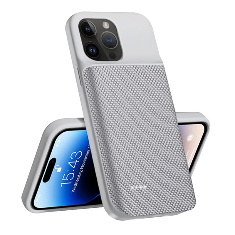 For iPhone 14 Pro 6800mAh Rechargeable Extended Battery Power Bank Oxford Cloth Surface Phone Charger Back Case - Silver