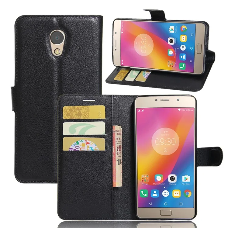 Litchi Skin Leather Wallet Stand Case for Lenovo P2 - Black