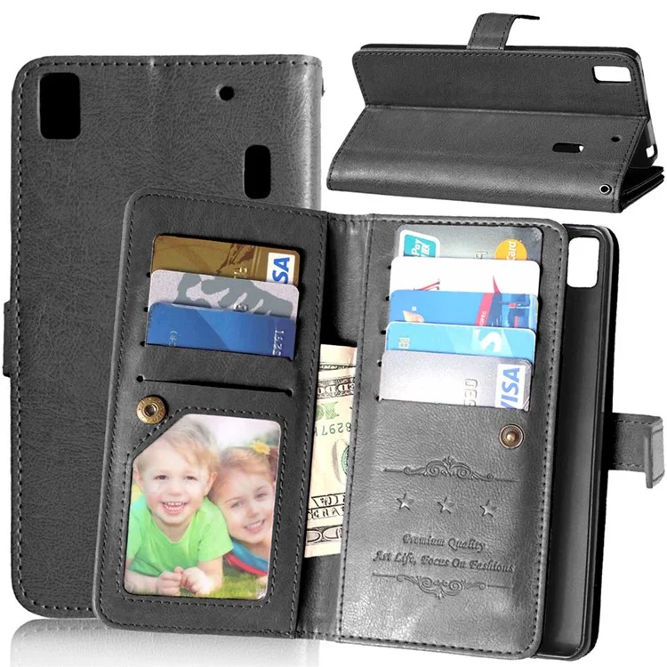 Crazy Horse 9 Card Slots Leather Wallet Case for Lenovo A7000 / A7000 Plus/ K3 Note - Black