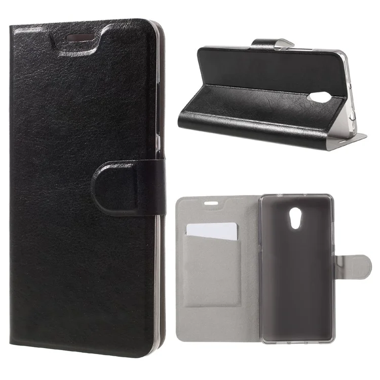 Crazy Horse Leather Card Slot Phone Casing for Lenovo P2 with Steel Sheet - Black