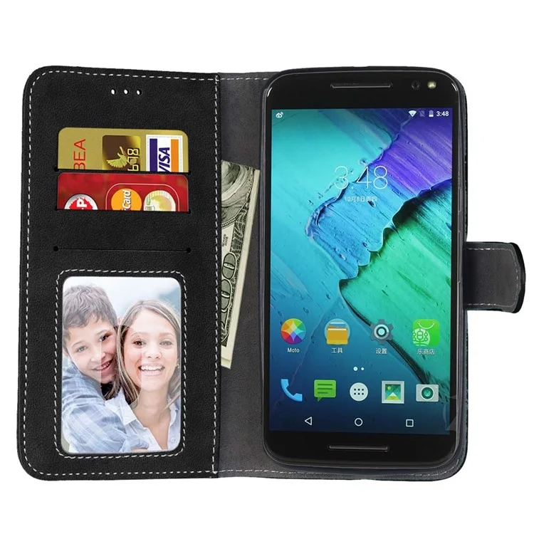Vintage Style Matte Wallet Leather Phone Cover for Motorola Moto X Style - Black