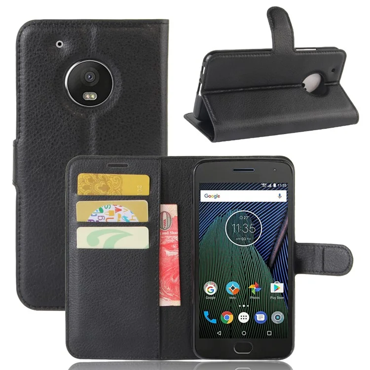 Litchi Skin Leather Wallet Case for Motorola Moto G5 Plus - Black
