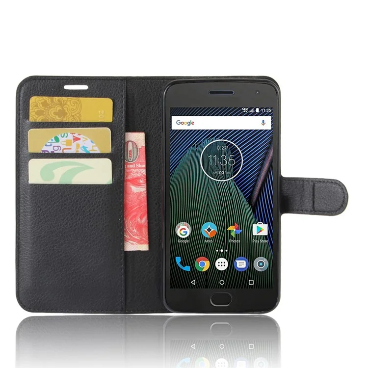 Litchi Skin Leather Wallet Case for Motorola Moto G5 Plus - Black