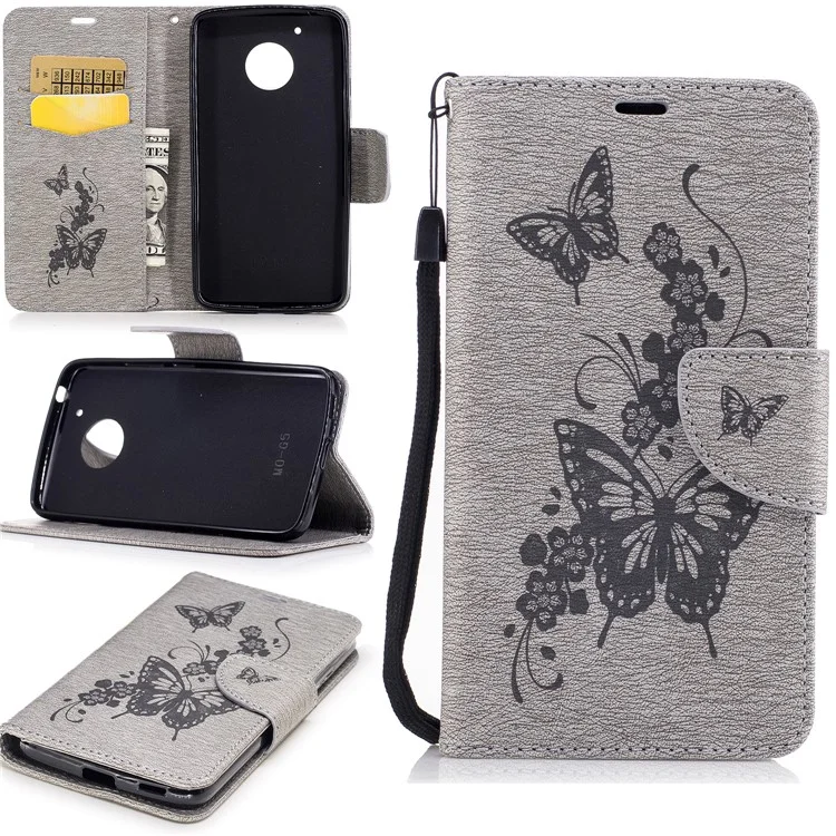 Butterfly Flower Imprinted Leather Wallet Case with Lanyard for Motorola Moto G5 - Grey