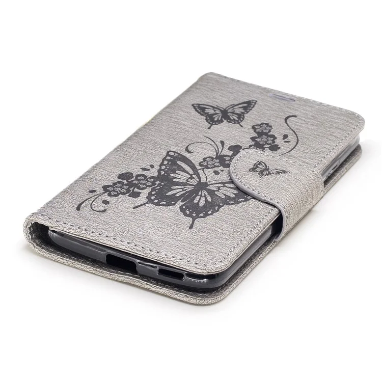 Butterfly Flower Imprinted Leather Wallet Case with Lanyard for Motorola Moto G5 - Grey