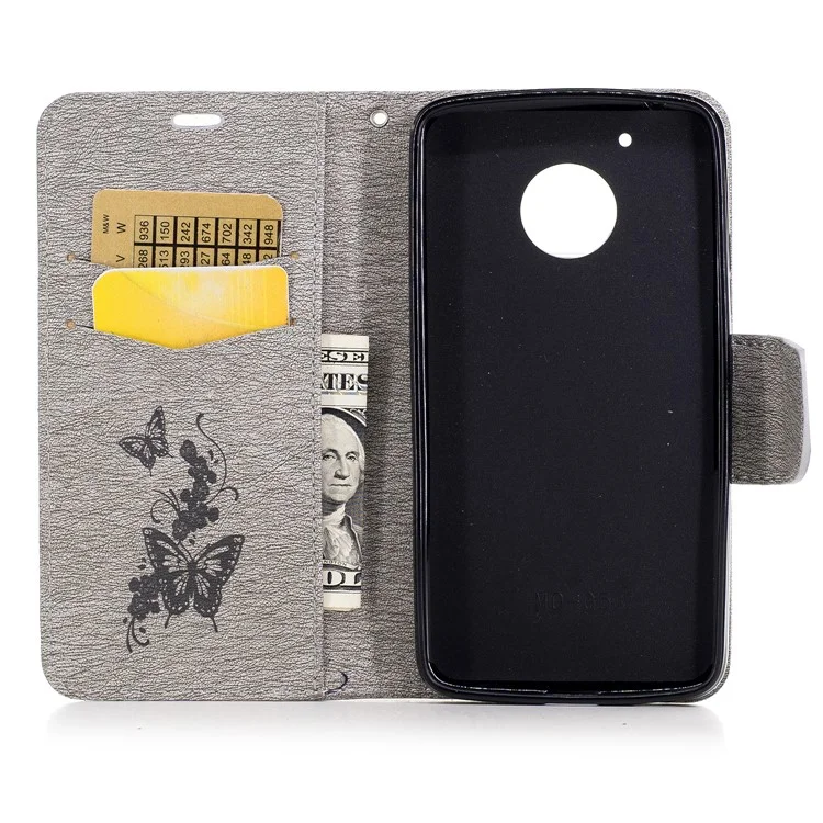 Butterfly Flower Imprinted Leather Wallet Case with Lanyard for Motorola Moto G5 - Grey