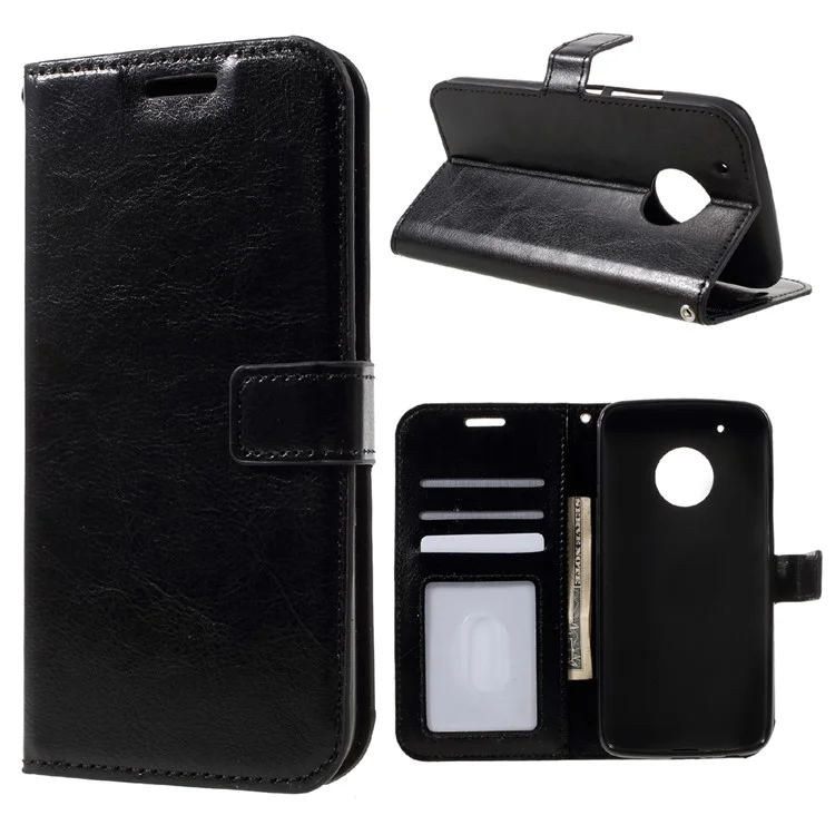 Crazy Horse ID/Credit Card Slots Leather Case with Lanyard for Motorola Moto G5 - Black