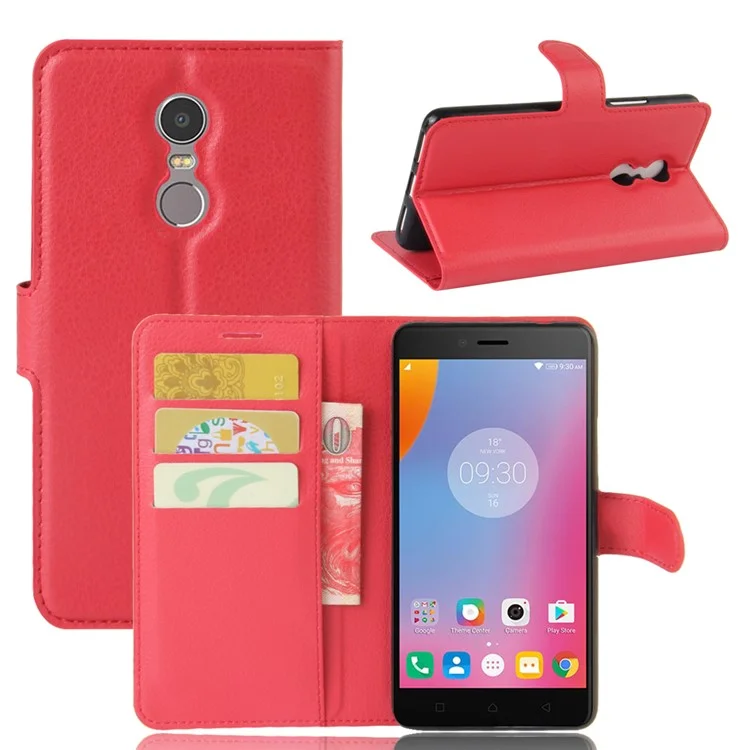 Wallet Stand Litchi Texture Leather Phone Shell for Lenovo K6 Note - Red