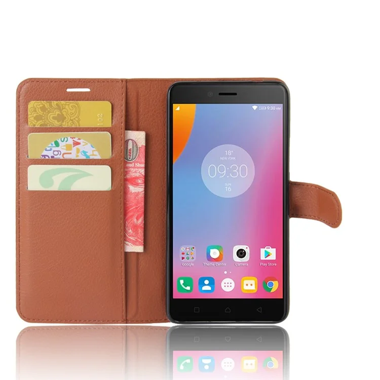 Litchi Grain Leather Wallet Stand Phone Accessory Cover for Lenovo K6 Note - Brown