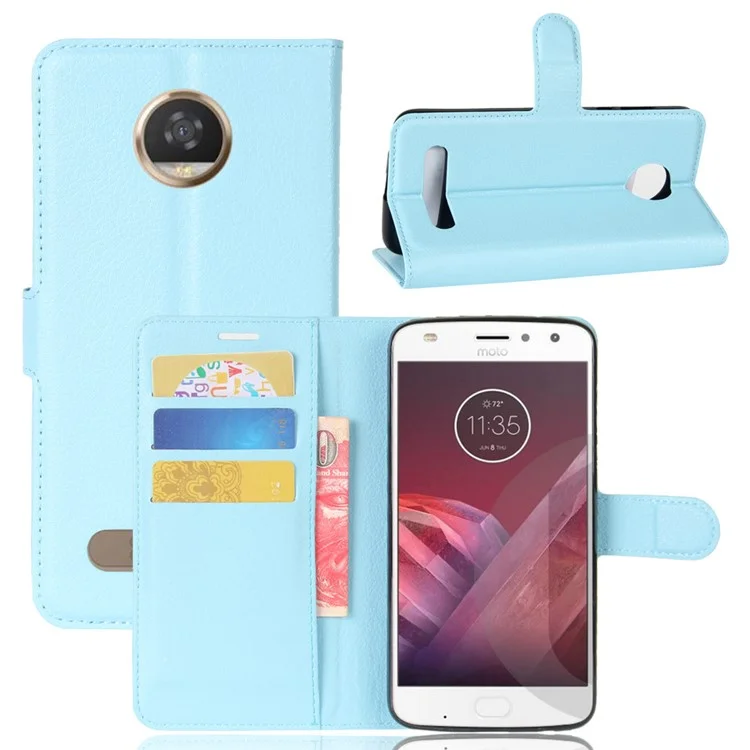 Litchi Skin Wallet Leather Cell Phone Case for Motorola Moto Z2 Play - Baby Blue