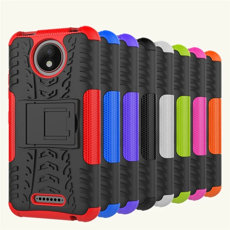 For Motorola Moto C Plus 2-in-1 Tyre Pattern Kickstand Combo Casing  (PC + TPU) - Black
