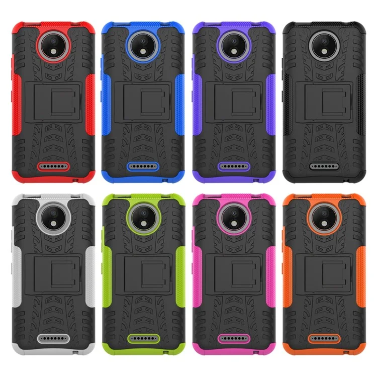 For Motorola Moto C Plus 2-in-1 Tyre Pattern Kickstand Combo Casing  (PC + TPU) - Black
