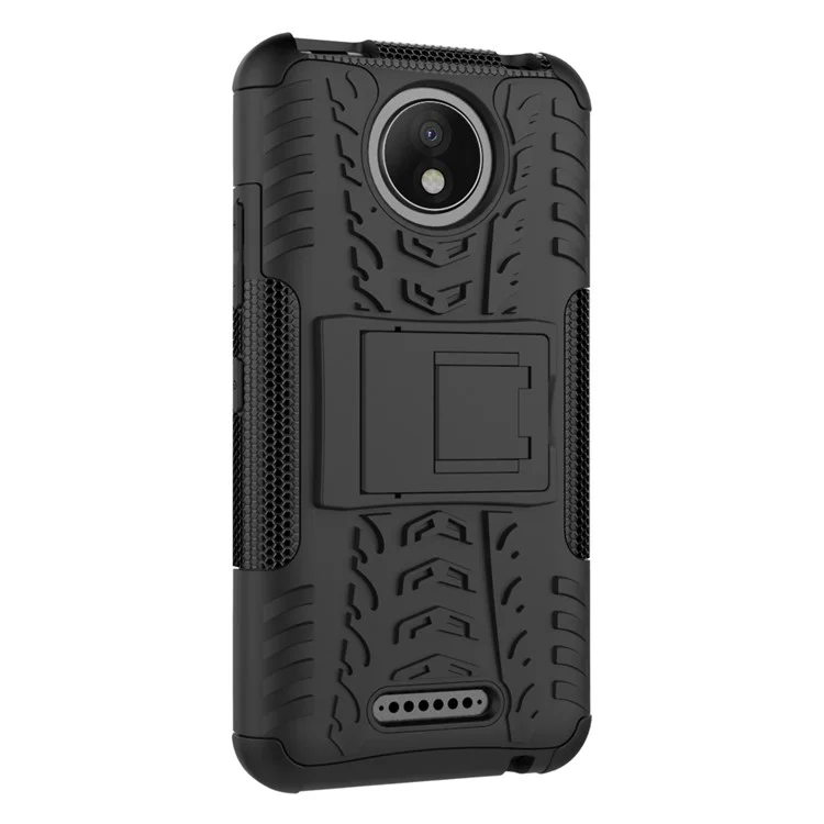 For Motorola Moto C Plus 2-in-1 Tyre Pattern Kickstand Combo Casing  (PC + TPU) - Black