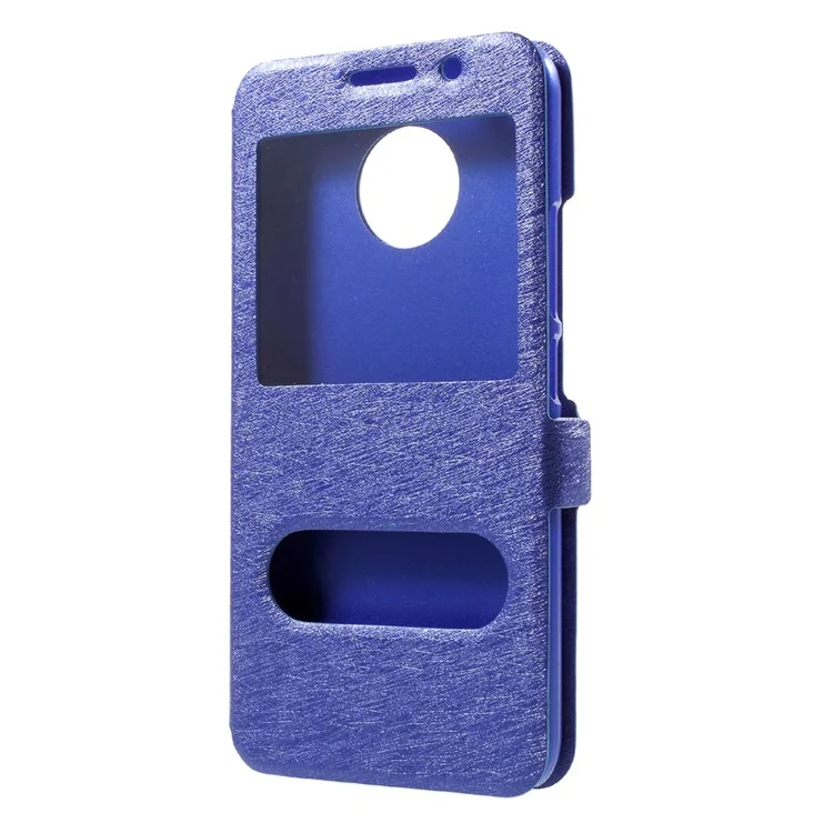 Silk Texture Dual Window Stand Leather Phone Case for Motorola Moto E4 Plus EU Version - Blue