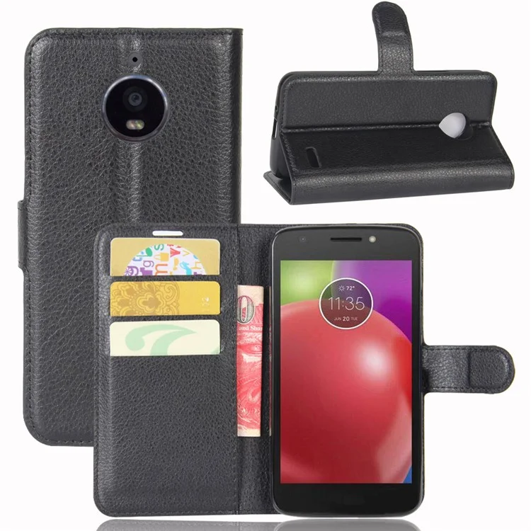 For Motorola Moto E4 (EU Version) Litchi Skin Leather Stand Magnetic Phone Cover Case - Black