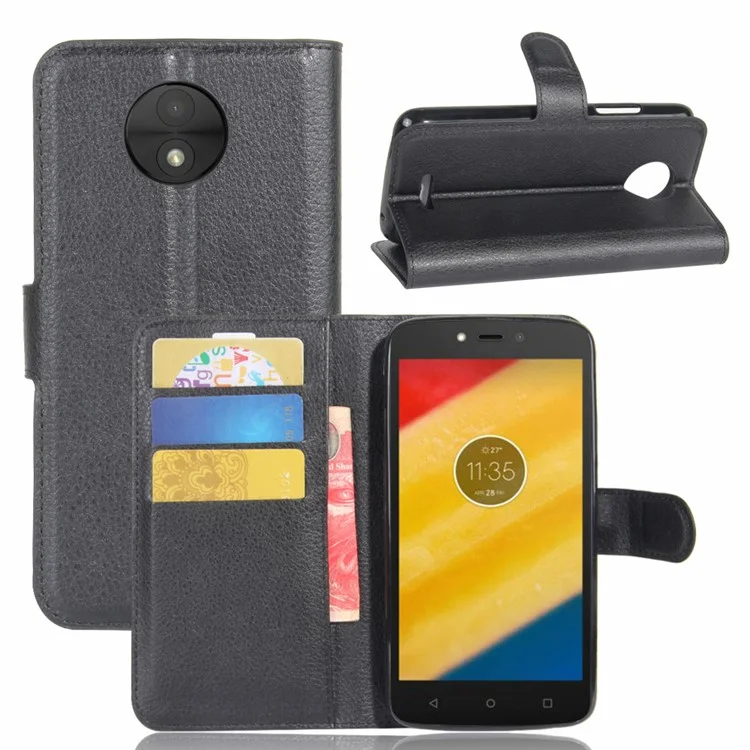 Litchi Texture PU Leather Wallet Stand Case for Motorola Moto C - Black
