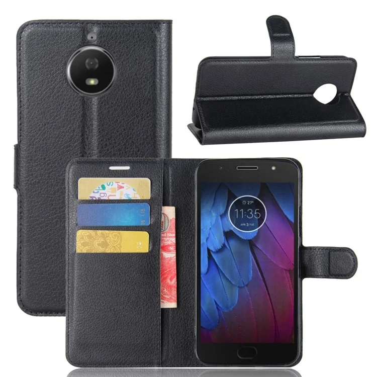 For Motorola MOTO G5S Plus Litchi Grain Wallet Leather Stand Mobile Phone Cover - Black