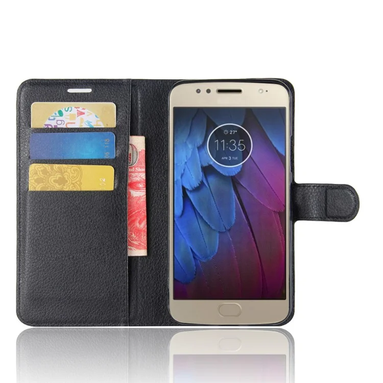 Litchi Skin Wallet Leather Stand Case for Motorola Moto G5S - Black