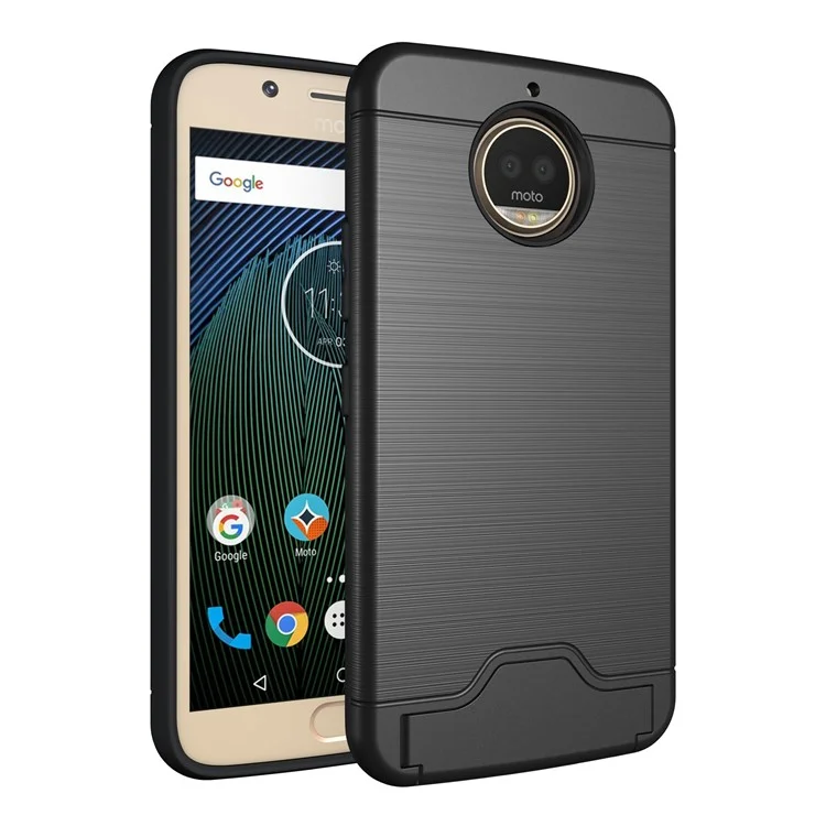 For Motorola MOTO G5S Plus Brushed PC TPU Hybrid Case with Card Slot & Kickstand  - Black