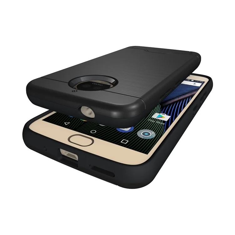 For Motorola MOTO G5S Plus Brushed PC TPU Hybrid Case with Card Slot & Kickstand  - Black