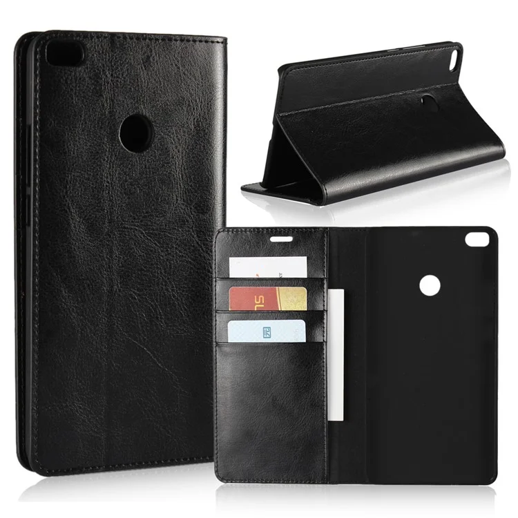 Crazy Horse Genuine Leather Magnetic Wallet Case for Xiaomi Mi Max 2 - Black