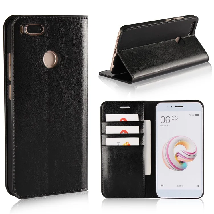 For Xiaomi Mi 5X Crazy Horse Genuine Leather Wallet Case with Stand - Black