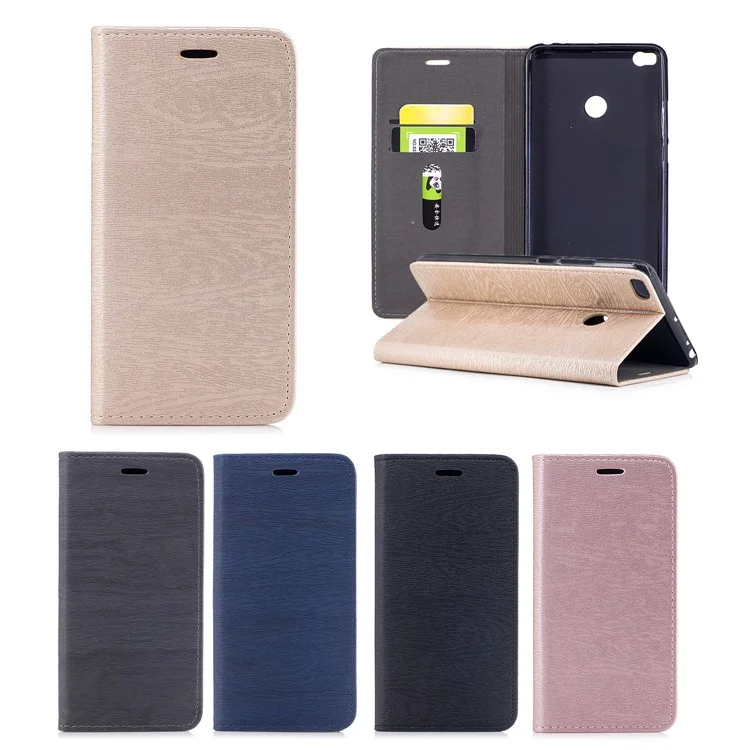 Wood Grain Card Holder Leather Case with Magnetic Adsorption for Xiaomi Mi Max 2 - Black