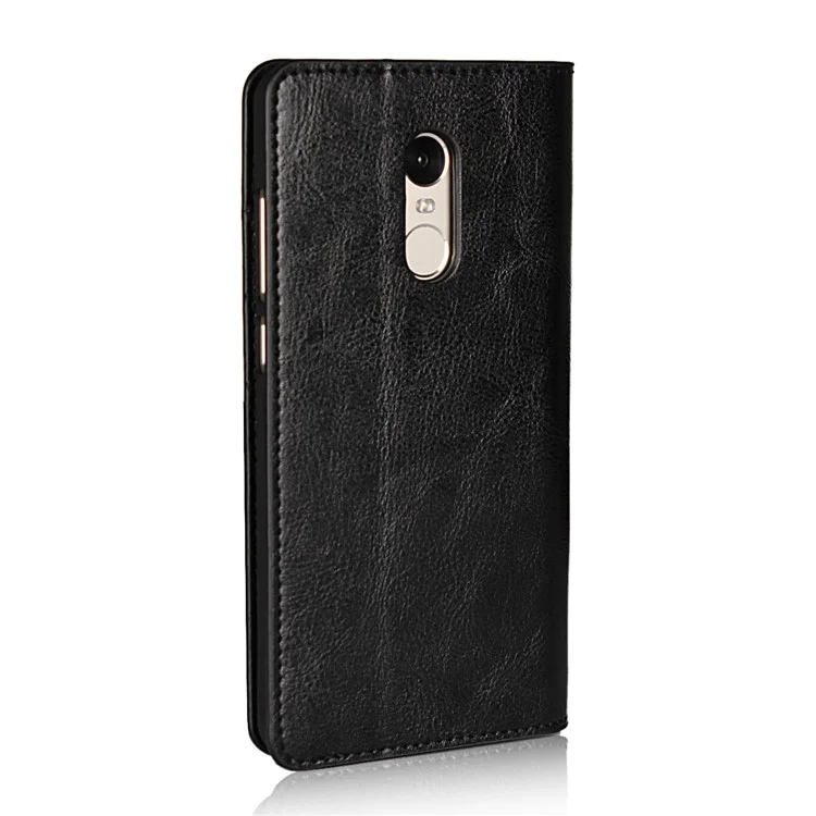 For Xiaomi Redmi Note 4X Crazy Horse Grain Genuine Leather Wallet Case with Stand - Black