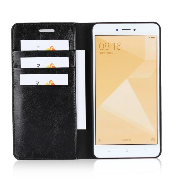 For Xiaomi Redmi Note 4X Crazy Horse Grain Genuine Leather Wallet Case with Stand - Black