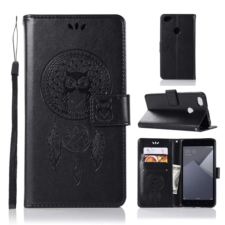 Imprint Dream Catcher Owl Magnetic Wallet PU Leather Stand Mobile Phone Case for Xiaomi Redmi Note 5A Prime / Redmi Y1 - Black
