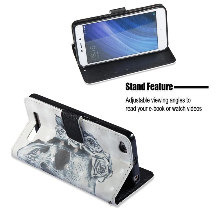 Pattern Printing Light Spot Decor Leather Stand Protective Phone Shell for Xiaomi Redmi 4a - Rose Skull