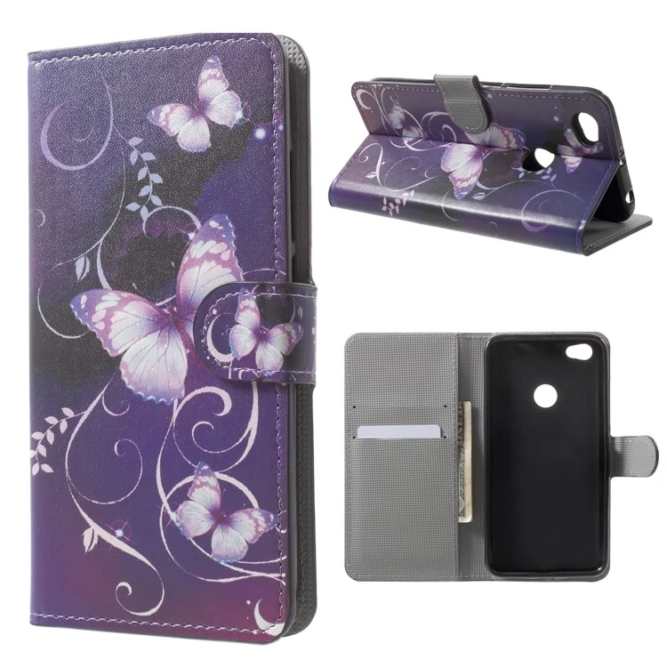 Pattern Printing Leather Wallet Case for Xiaomi Redmi Note 5A Prime / Y1 (India) - Purple Butterflies
