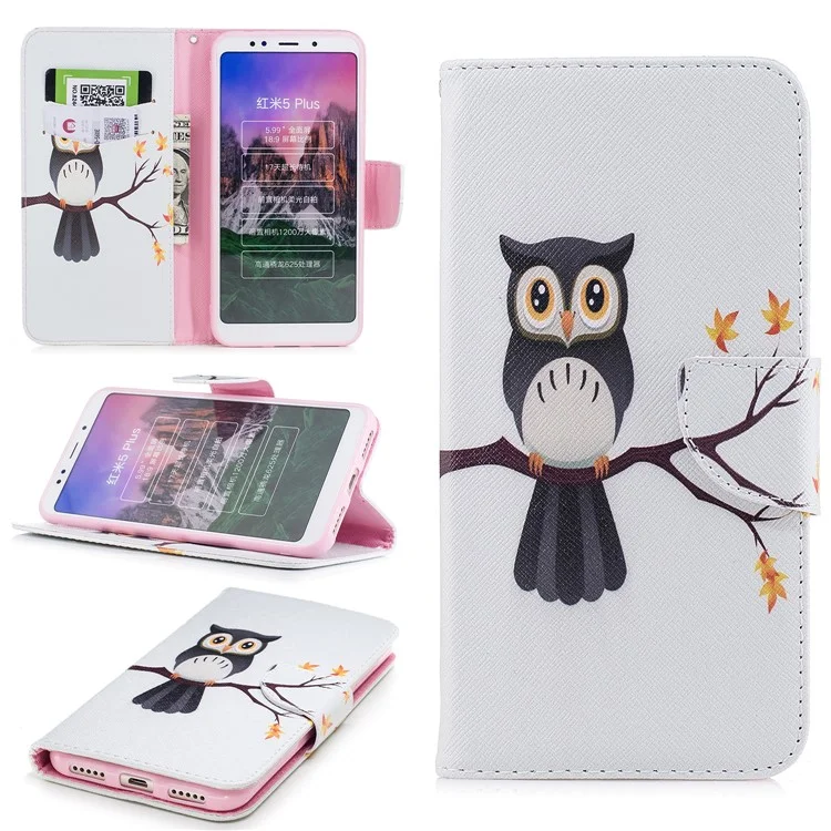 Pattern Printing Wallet Stand Leather Cover for Xiaomi Redmi Note 5 (12MP Rear Camera) / Redmi 5 Plus (China) - An Owl Standing on Branch