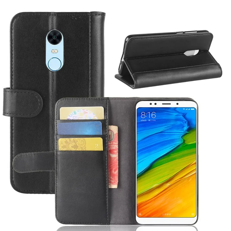 Genuine Split Leather Wallet Stand Case for Xiaomi Redmi Note 5 (12MP Rear Camera) / Redmi 5 Plus (China) - Black