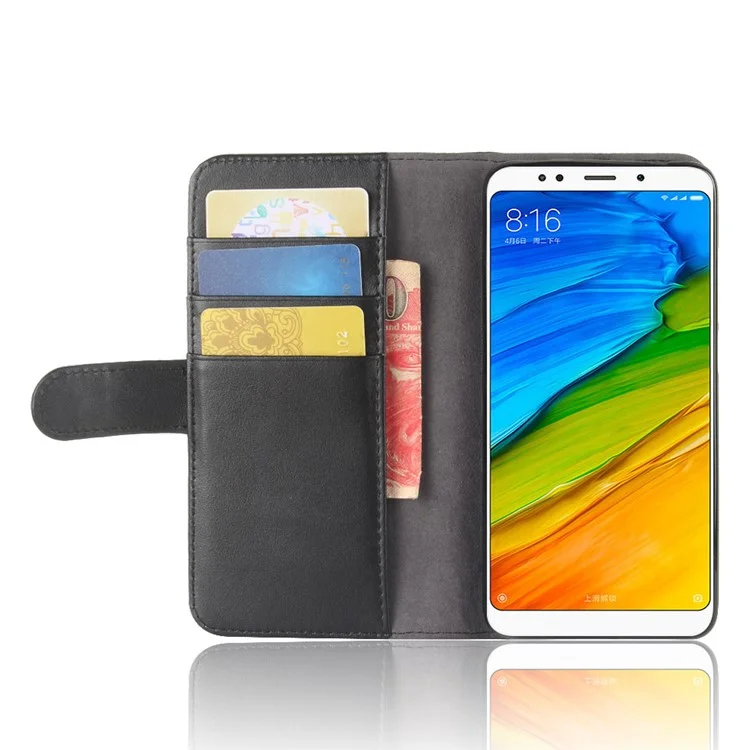 Genuine Split Leather Wallet Stand Case for Xiaomi Redmi Note 5 (12MP Rear Camera) / Redmi 5 Plus (China) - Black