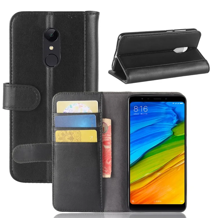 Genuine Split Leather Wallet Stand Case for Xiaomi Redmi 5 - Black