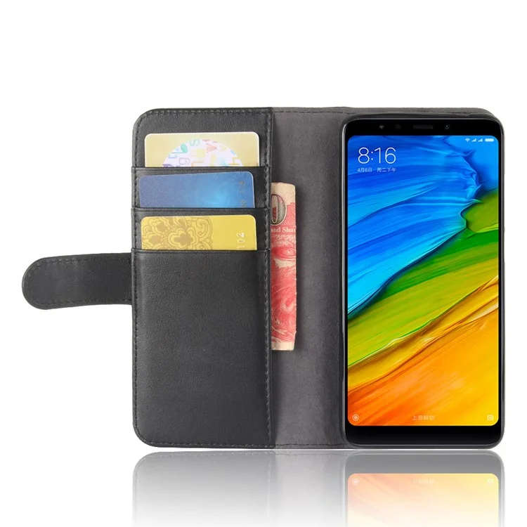 Genuine Split Leather Wallet Stand Case for Xiaomi Redmi 5 - Black