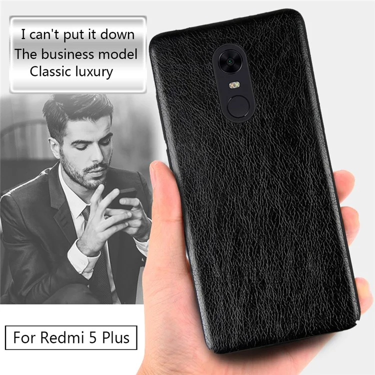 Litchi Grain PU Leather Coated PC Hard Case for Xiaomi Redmi Note 5 (12MP Rear Camera) / Redmi 5 Plus (China) - Black