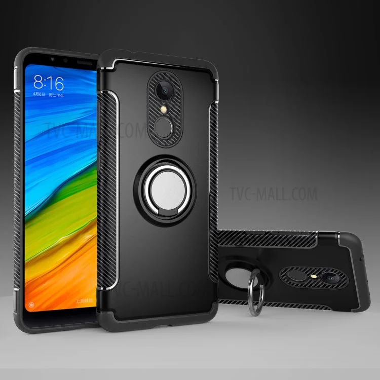 Carbon Fiber Texture TPU + PC Hybrid Case with Magnetic Ring Holder for Xiaomi Redmi 5 - Black