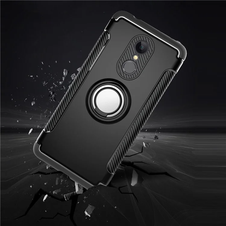 Textura de Fibra de Carbono TPU + PC Hybrid Case Com Suporte de Anel Magnético Para Xiaomi Redmi 5 - Preto