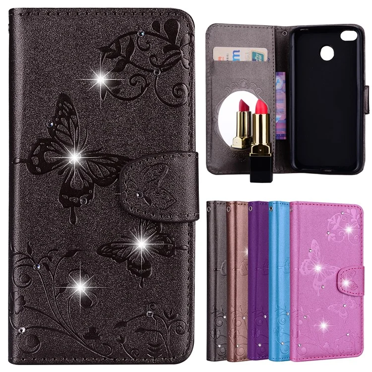 Imprinted Butterfly Flower Pattern Rhinestone Decoration Wallet Leather Shell with Stand for Xiaomi Redmi 4X - Black