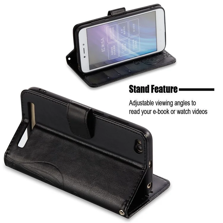 Imprinted Butterfly Flower Leather Wallet Stand Case for Xiaomi Redmi 5A - Black